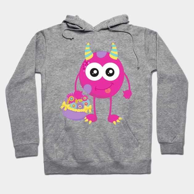 Spring Monster, Pink Monster, Horns, Flowers Hoodie by Jelena Dunčević